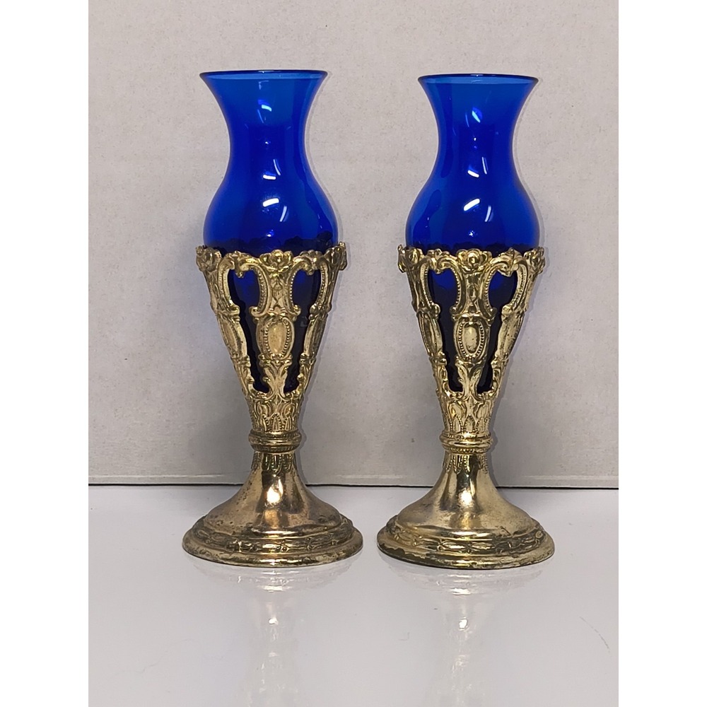Vintage Cobalt Blue Mini Glass Bud Vase Ornate Metal Stand Set Victorian Style